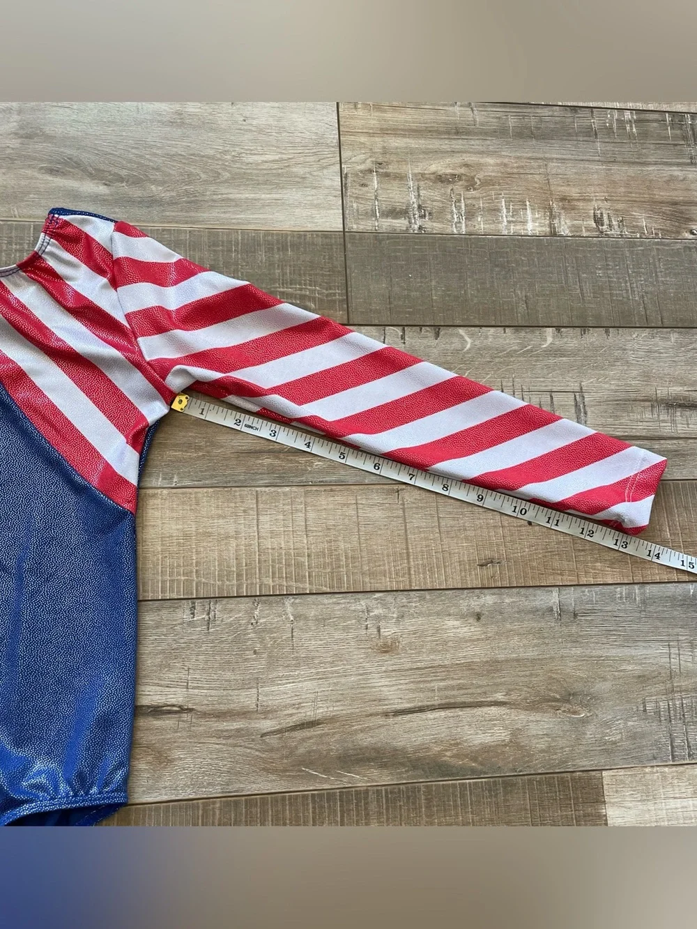 Girls Gymnastics Leotard Size 8A USA American Flag Long Sleeve Metallic Blue